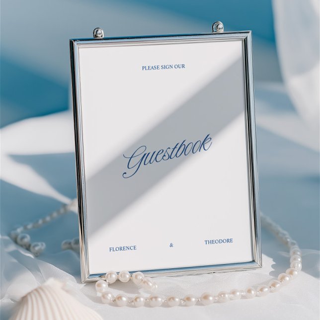 Panneau de livre d'or de mariage à l'écriture bleu (Classic White & Blue Script Wedding Guestbook Sign)