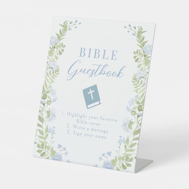 Panneau de livre d'or de mariage floral bleu paste (Recto)