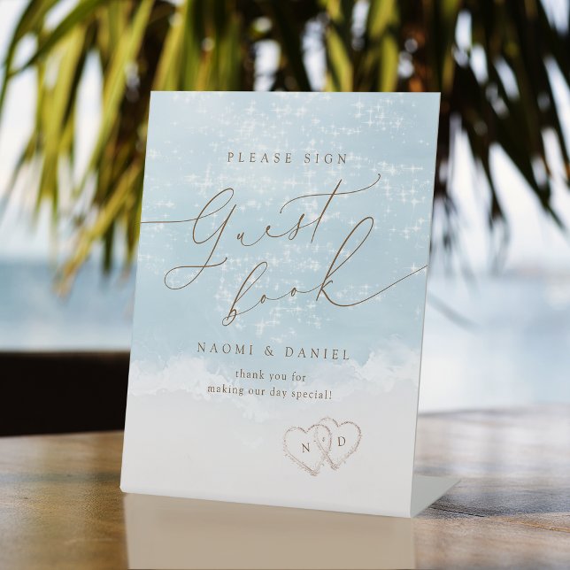 Panneau de livre d'or de plage à coeurs en écritur (Modern Script Sand Hearts Beach Guest Book Sign)