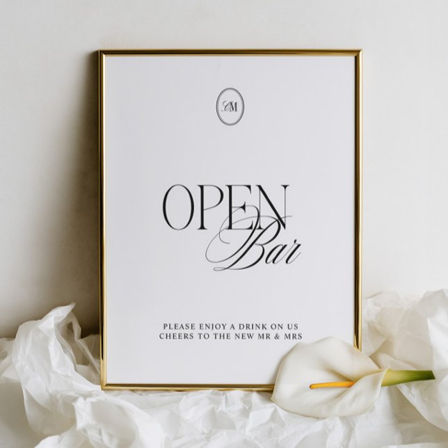 Panneau de mariage à bar ouvert Noir Classique & B (Classic Black & Soft White Open Bar Wedding Sign)