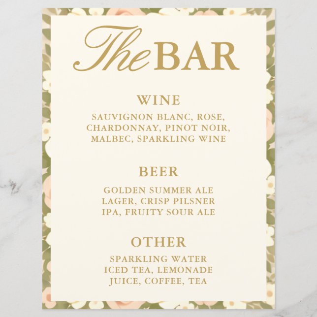 Panneau de mariage avec menu des boissons de la ba (Devant)