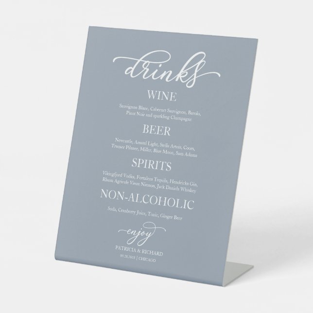 Panneau de mariage bleu poussiéreux de script chic (Recto)