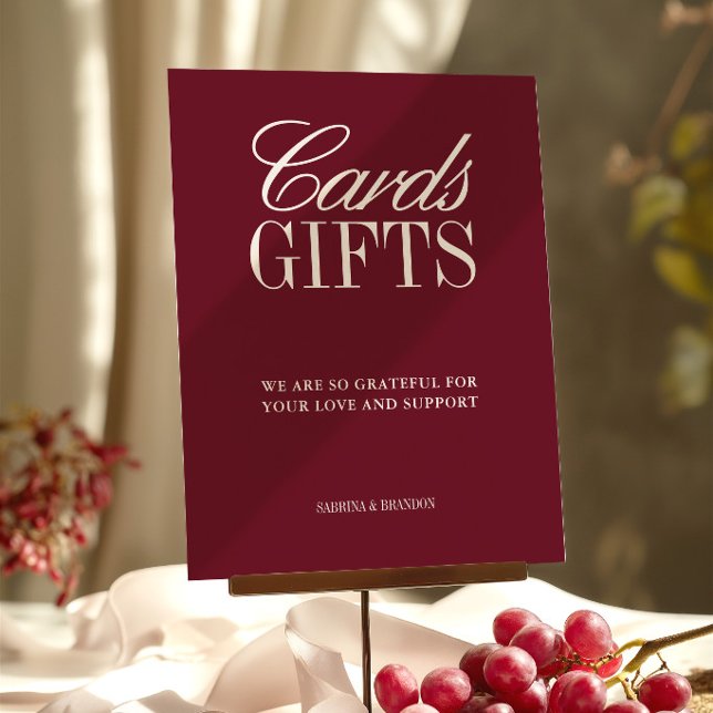 Panneau de mariage Cartes & Cadeaux Bourgogne Élég (Elegant Burgundy Cards & Gifts Wedding Sign)