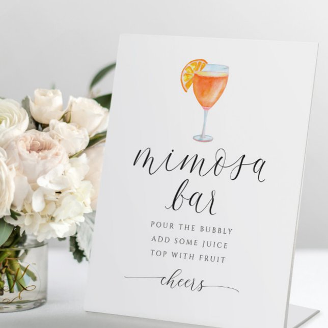 Panneau de mariage de Bar Mimosa Orange Aquarelle (Mimosa Bar Bridal Shower Sign - Modern Elegant Romantic Fun Swirly Script with Orange Mimosa)
