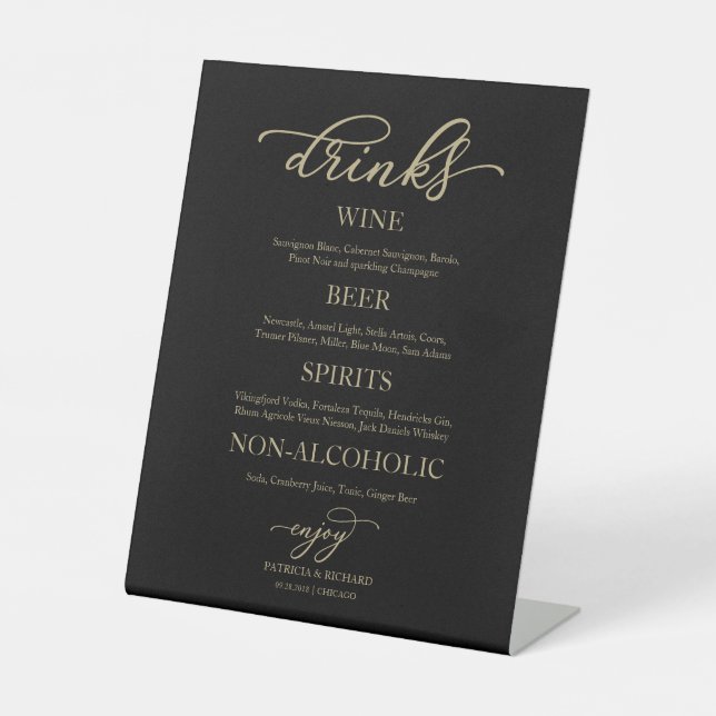 Panneau de mariage noir écriture or Bar Boissons (Recto)