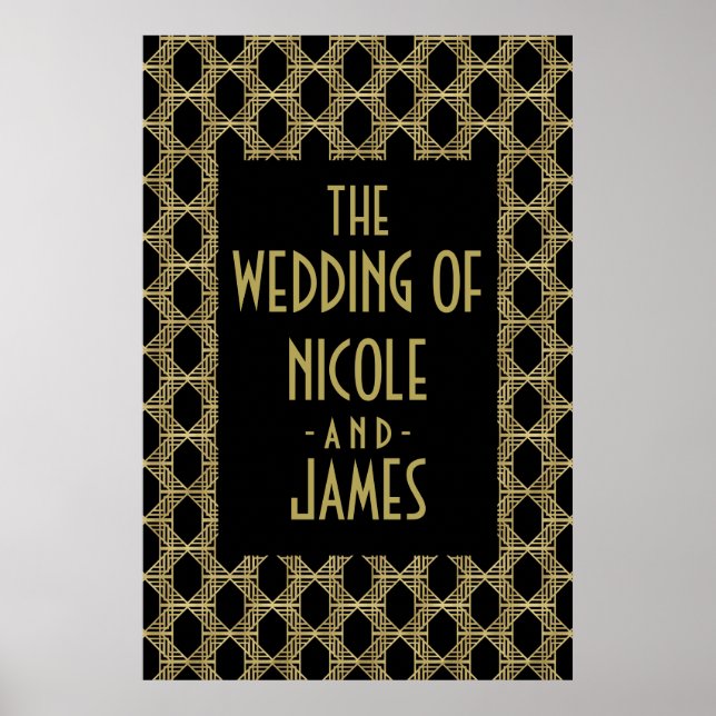 Panneau de mariage rétro diamant Art Déco noir or (Devant)