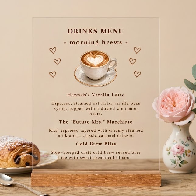 Panneau de menu de bar à café en acrylique pour Ba (Cafe Bridal Shower Acrylic Coffee Bar Menu Sign
)