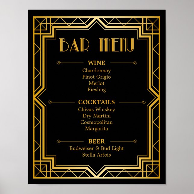 Panneau de menu de bar de mariage | Art Déco Gatsb (Devant)