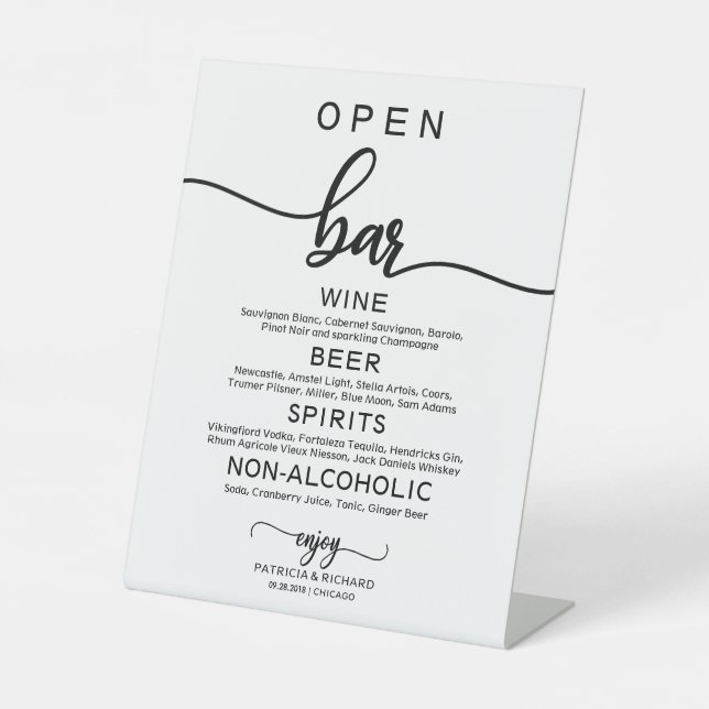 Panneau de menu de bar ouvert pour mariage, callig (Recto)