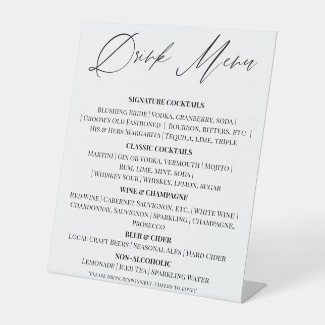 Panneau de menu de boissons de mariage éditable su (Recto)