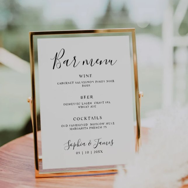 Panneau de menu du Mariage de calligraphie minimal (Minimalist Calligraphy Wedding Bar Menu Sign)