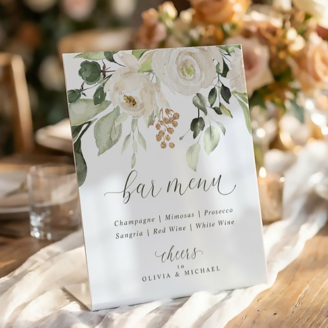 Panneau de menu simple pour bar Fleurs blanches et (Simple bridal shower bar menu with white floral watercolor design and greenery botanical accents)