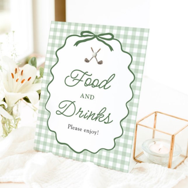 Panneau de nourriture et de boissons de golf à nœu (Sage Green Gingham Bow Golf Food and Drinks Sign)