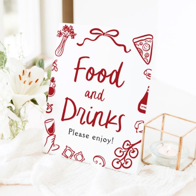 Panneau de nourriture et de boissons dessiné à la  (Red Italian Hand Drawn Food and Drinks Sign)