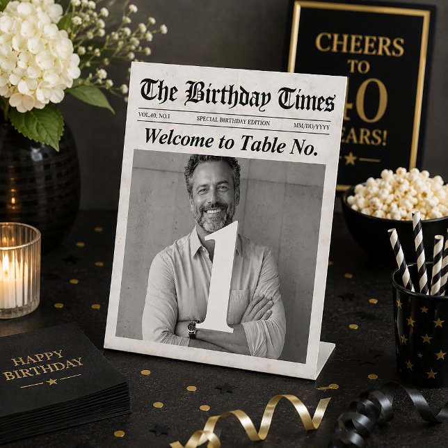 Panneau de numéro de table de fête personnalisé en (Custom Newspaper Party Table Number Sign, Birthday Pedestal Sign)