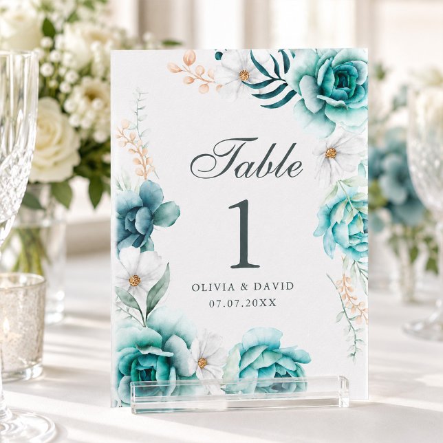 Panneau de numéro de table de mariage à la fleur s (Teal Wildflower Wedding Table Number Sign)