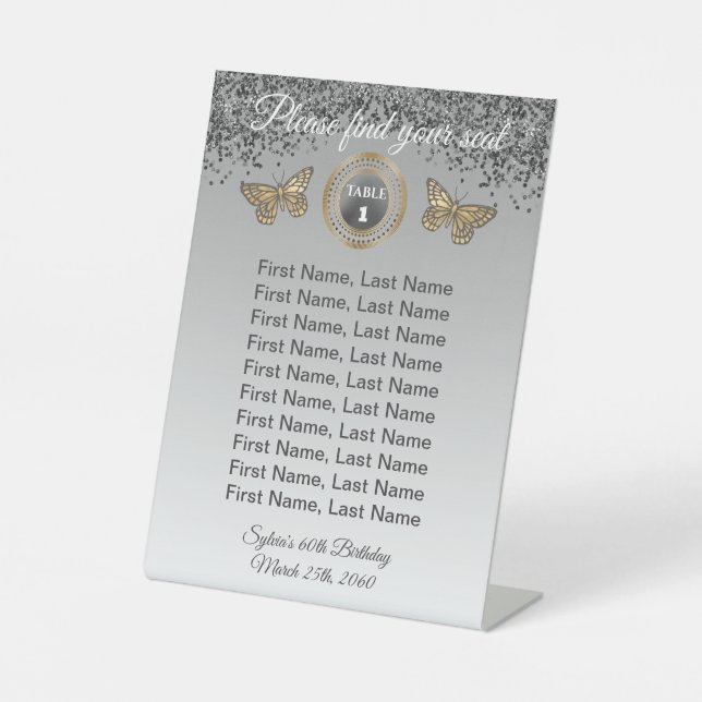 Panneau de numéro de table en paillettes papillon  (Recto)