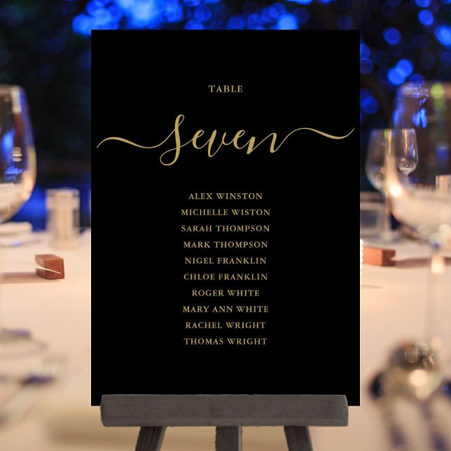 Panneau de numéros de table à écriture noire et or (Black And Gold Script Table Number Seating Chart)
