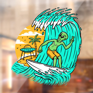 Panneau De Paix Alien Surfant UFO Garé Sur La Plag