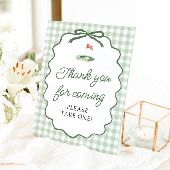 Panneau de remerciement Vichy vert sauge Golf (Sage Green Gingham Golf Thank you for coming Sign)
