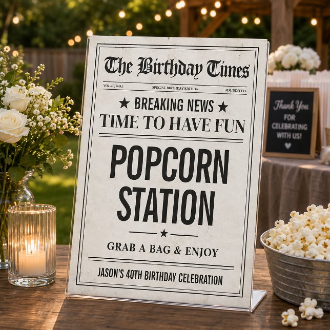 Panneau de signalisation de station de fête d'anni (Custom Birthday Party Station Sign, Newspaper Pedestal Sign)