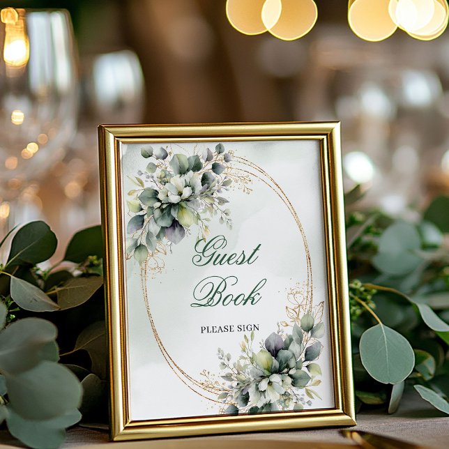 Panneau de signature de livre d'or classique vert  (Classic Greenery and Gold Guest Book Sign)