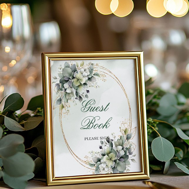 Panneau de table de livre d'or à feuillage vert po (Dusty Green Foliage Guest Book Tabletop Sign)