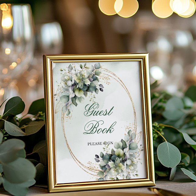 Panneau de table de livre d'or à feuillage vert po (Dusty Green Foliage Guest Book Tabletop Sign)