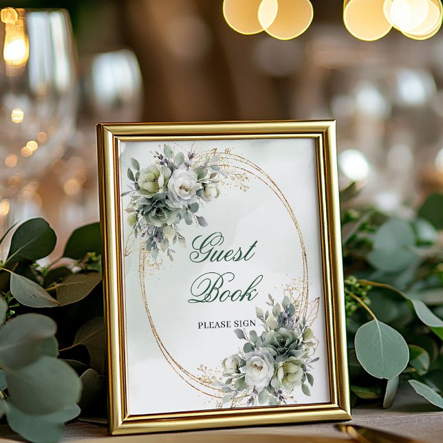 Panneau de table de livre d'or en aquarelle avec f (Watercolor Greenery Gold Guest Book Tabletop Sign)