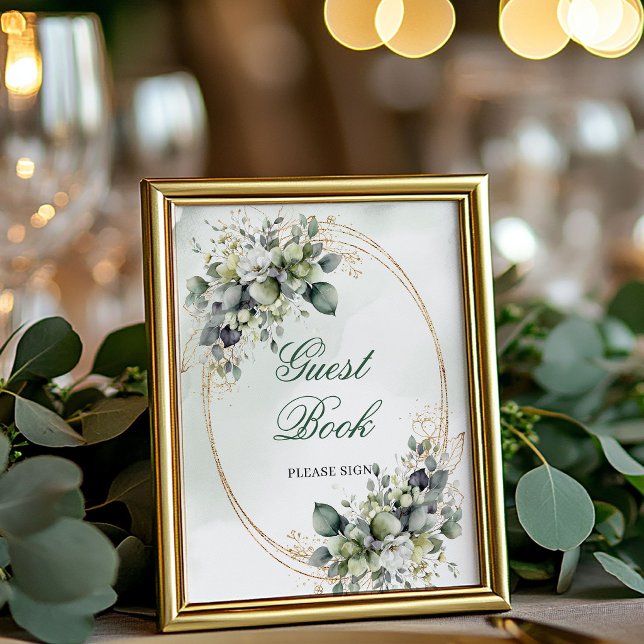 Panneau de table de livre d'or vert et blanc Luxe (Luxe Green and White Guest Book Table Sign)
