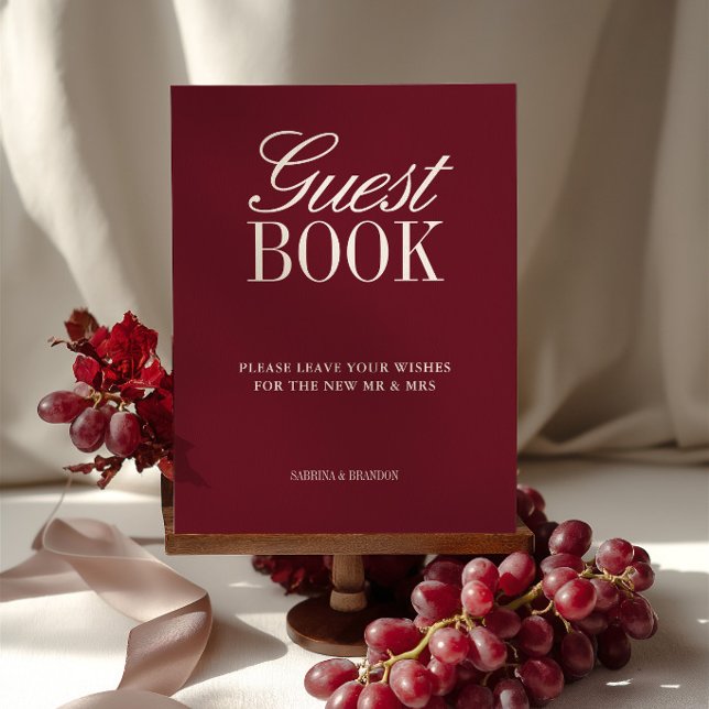 Panneau de table de mariage élégant en bordeaux po (Elegant Burgundy Guest Book Wedding Tabletop Sign)