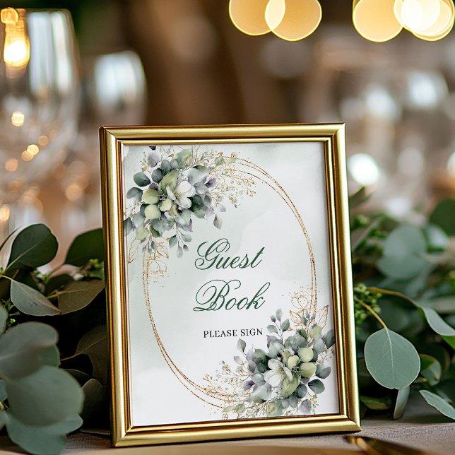 Panneau de table élégant pour livre d'or en vert p (Dusty Green Botanical Guest Book Tabletop Sign)