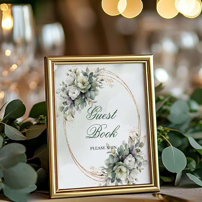 Panneau de table Livre d'or botanique doré Greener (Greenery Botanical Gold Guest Book Tabletop Sign)