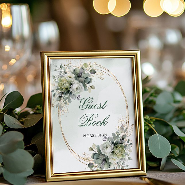 Panneau de table Livre d'or en or vert botanique (Botanical Green Gold Guest Book Tabletop Sign)
