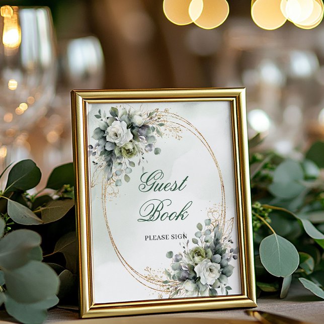 Panneau de table pour livre d'or botanique vert bl (Green White Botanical Guest Book Tabletop Sign)