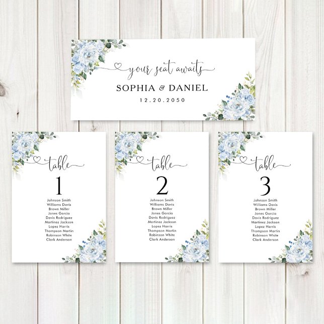 Panneau de table principal de mariage floral bleu  (Créateur téléchargé)