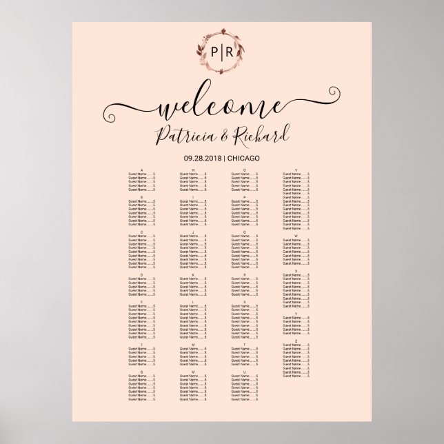 Panneau de tableau de plan de salle alphabétique à (Devant)
