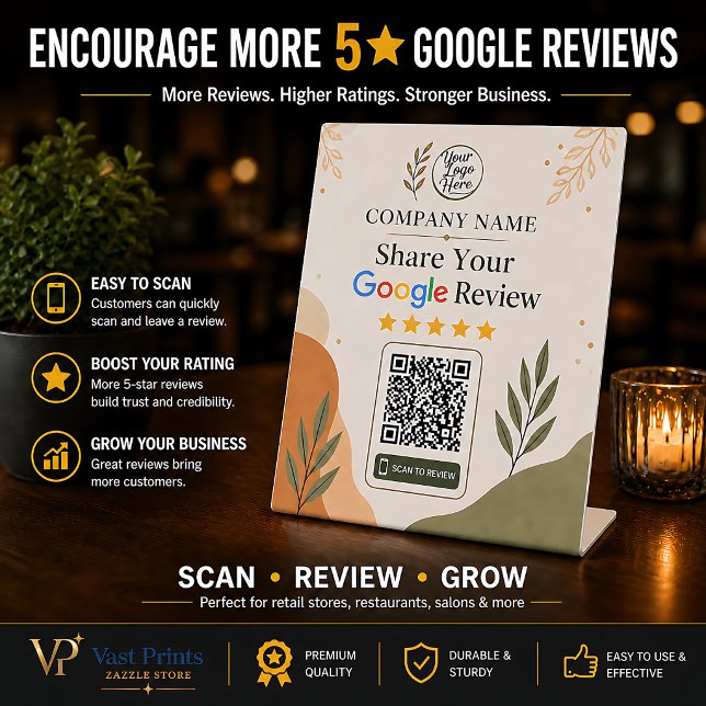 Panneau de tableau de révision Google Code QR bota (Google Review Table Sign QR Code Boho Botanical)