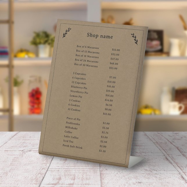 Panneau du centre de prix Noir, Kraft & Russe (Black, Kraft & Rustic Price List Pedestal Sign)