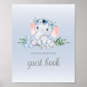 Panneau du livre d'or Blue Floral Elephant Baby sh