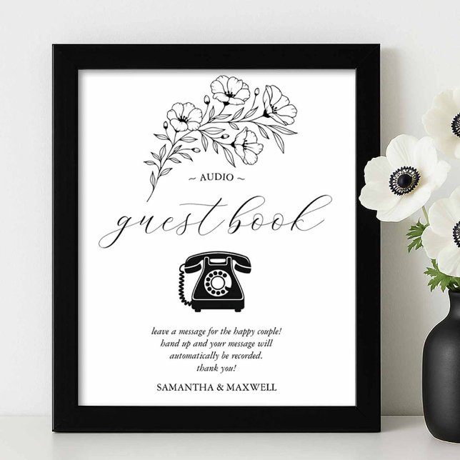 Panneau du livre d'or du Mariage audio noir et bla (Black and white wedding audio guestbook sign with flower line art by Victoria of Do Tell A Belle)