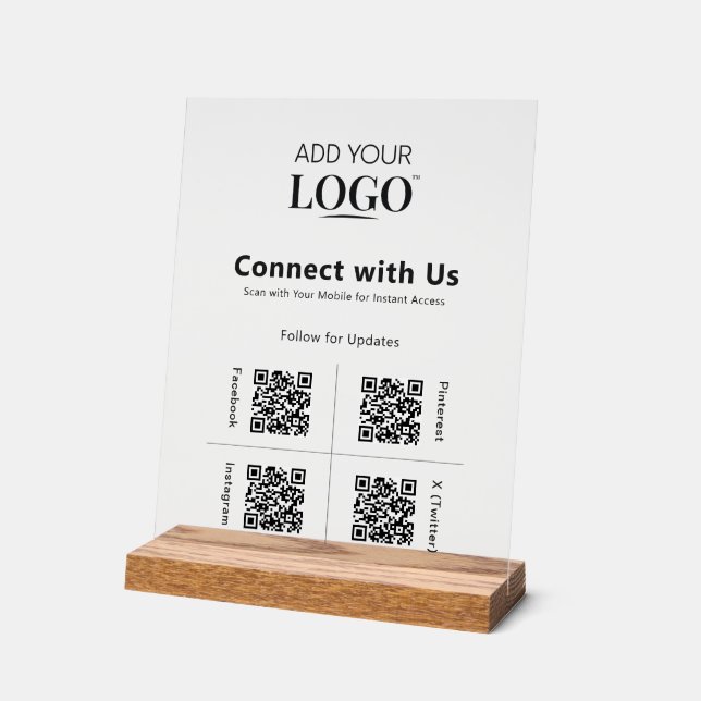 Panneau En Acrylique 4 QR Code Social Media Connect with Us Logo Modern (Angle)