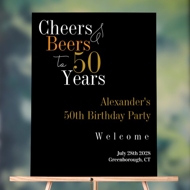 Panneau En Acrylique 50th Birthday Cheers and Beers Black Gold Party (Neutre)