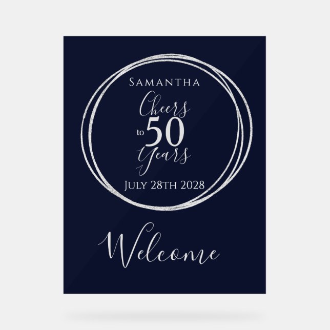 Panneau En Acrylique 50th Birthday Welcome Cheers 50 Years Party Navy (Recto)