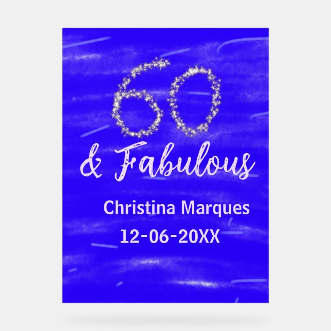 Panneau En Acrylique 60 & fabuleux anniversaire bleu argent ajouter nom (Recto)