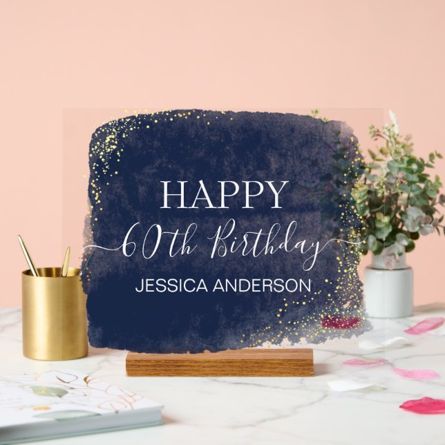 Panneau En Acrylique 60e Anniversaire Bleu Or Aquarelle claire (Mariage)