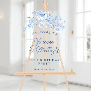 Panneau En Acrylique 60e fête d'anniversaire Bienvenue Rose bleu Floral