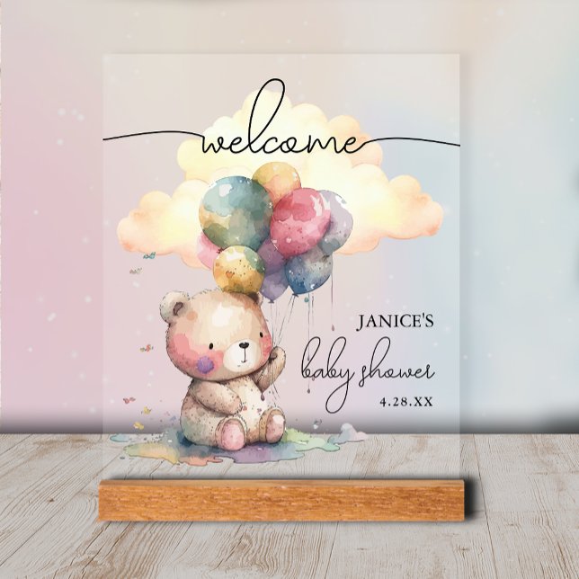 Panneau En Acrylique Accueil Baby shower Ours Teddy (Teddy Bear Baby Shower Welcome Tabletop Acrylic Sign)