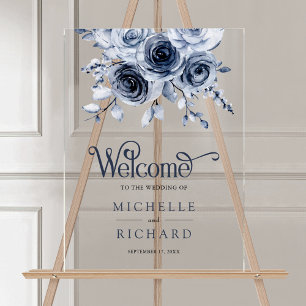 Panneau En Acrylique Accueil de mariage floral bleu poussiéreux