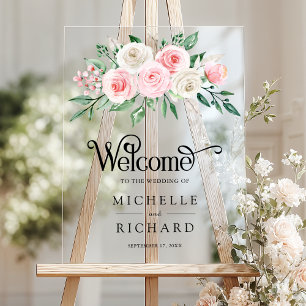 Panneau En Acrylique Accueil de mariage floral ivoire rose blush